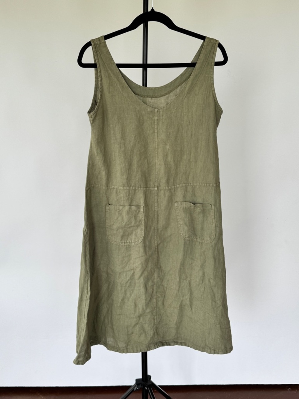Olive Green Linen Tank Dress with Front Pockets